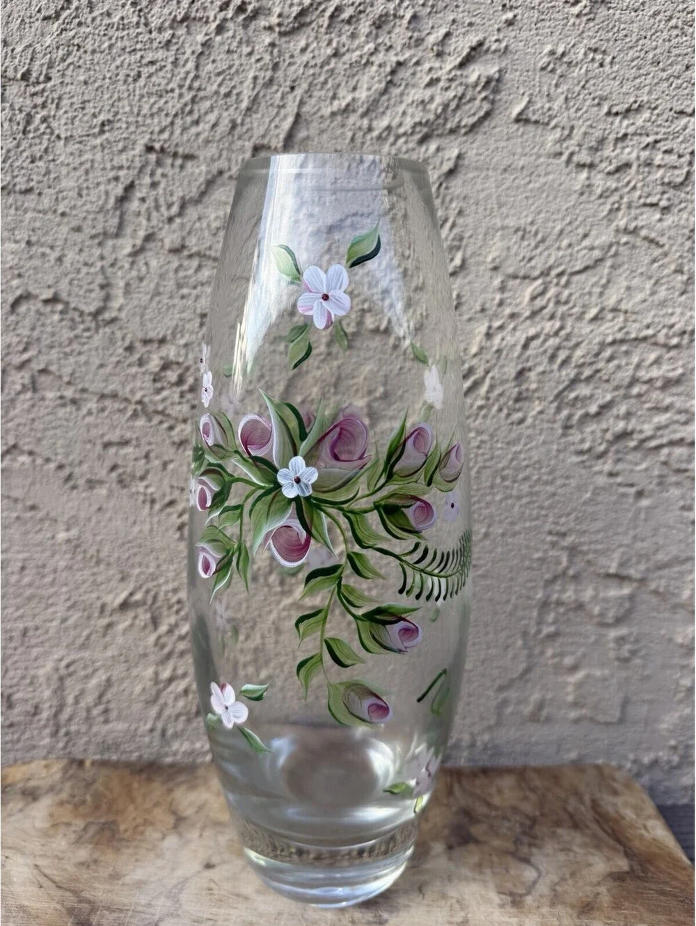 Vintage Hand Painted Glass Vase Pink Floral Flowers Art Deco Style 10 Inch